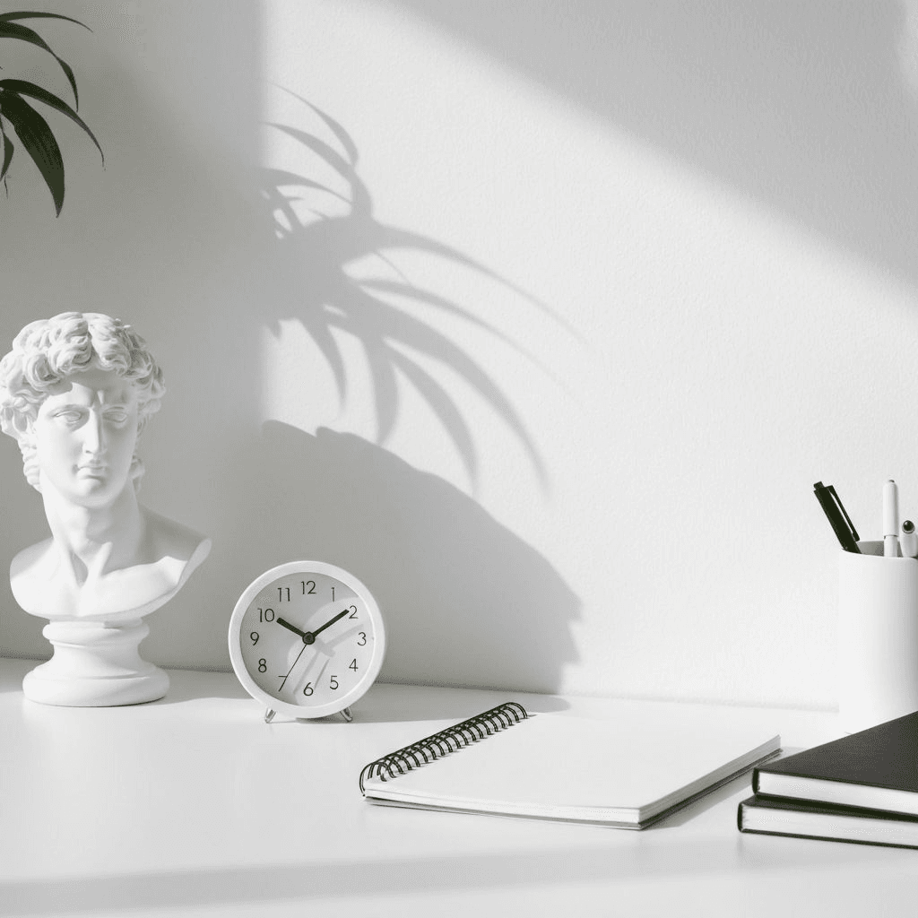 Minimalist desk arrangement with statue and clock