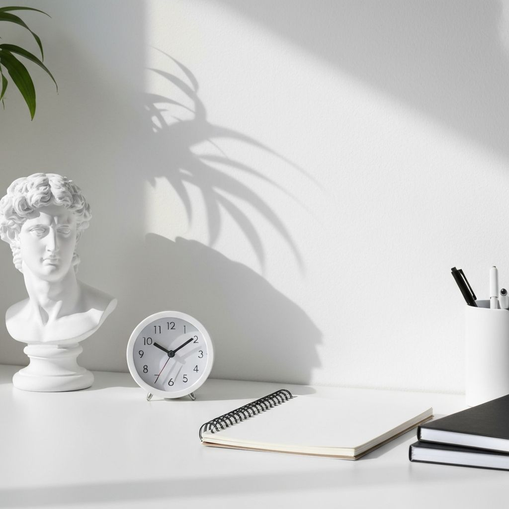 Minimalist desk arrangement with statue and clock